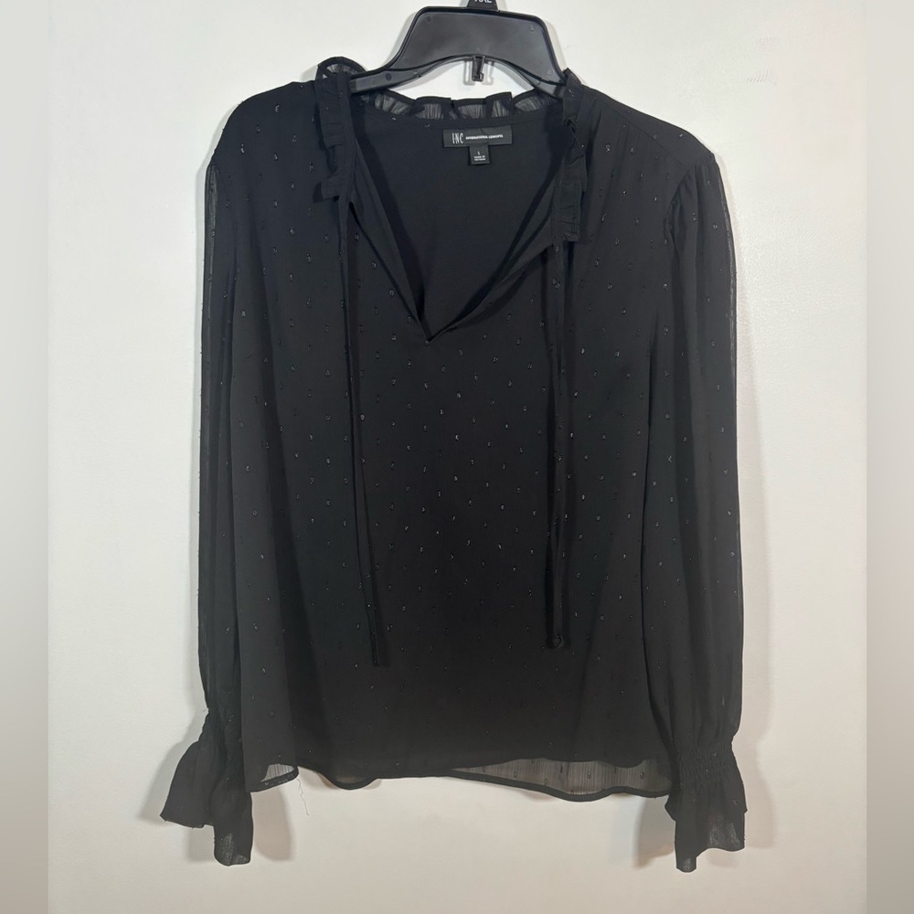 INC International Concepts Black Swiss Dot Sheer Sleeve Blouse Size L